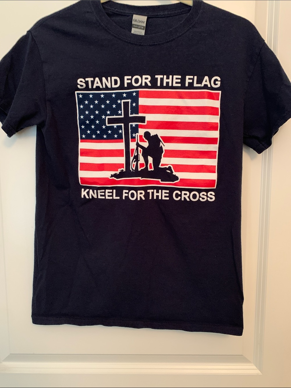Gildan Black Short Sleeve Tee with Red White & Blue Flag and Cross Graphic
